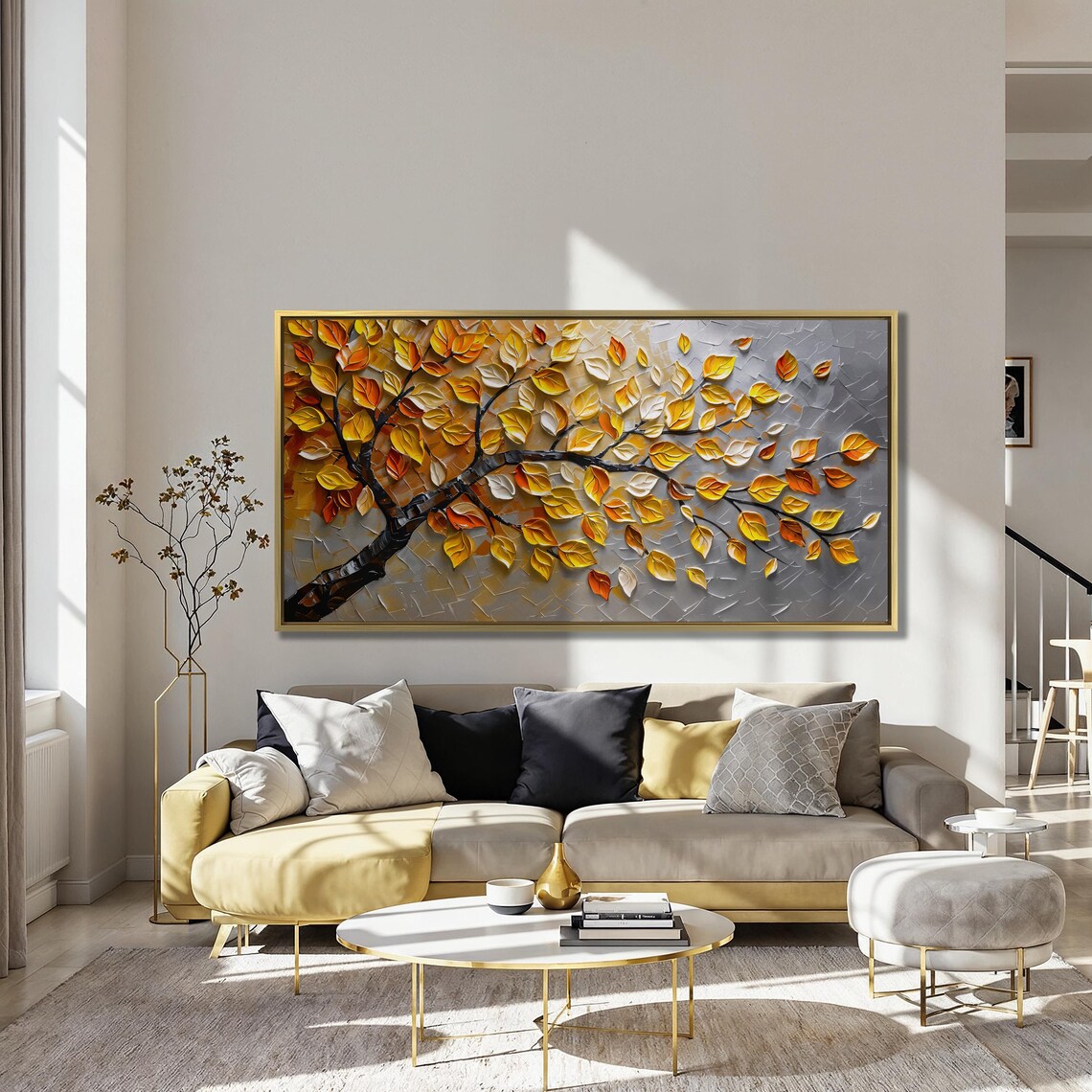 Abstract Autumn Tree Golden Leaves Textured Relief Art Poster - Image 3