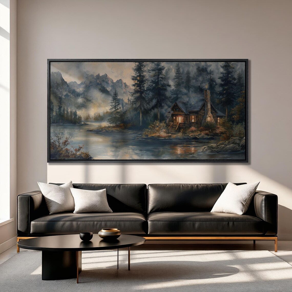 Rustic Riverside Cabin, Misty Mountains Pine Forest Art Print - Image 4