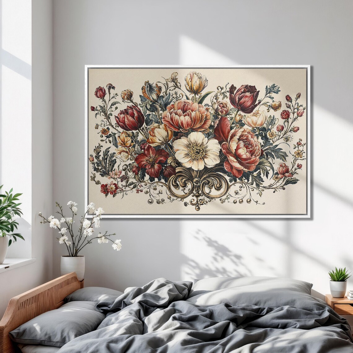 Baroque Red and Cream Peony Bouquet Vintage Floral Art Poster - Image 2