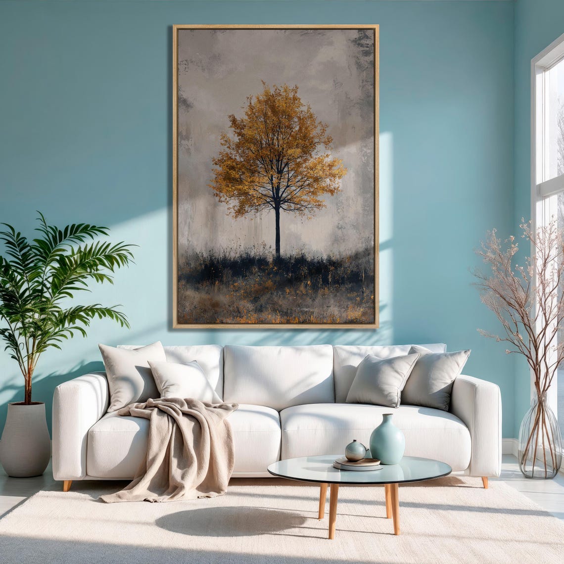 Lone Autumn Tree With Gold Leaves in a Gray Misty Landscape Poster - Image 2