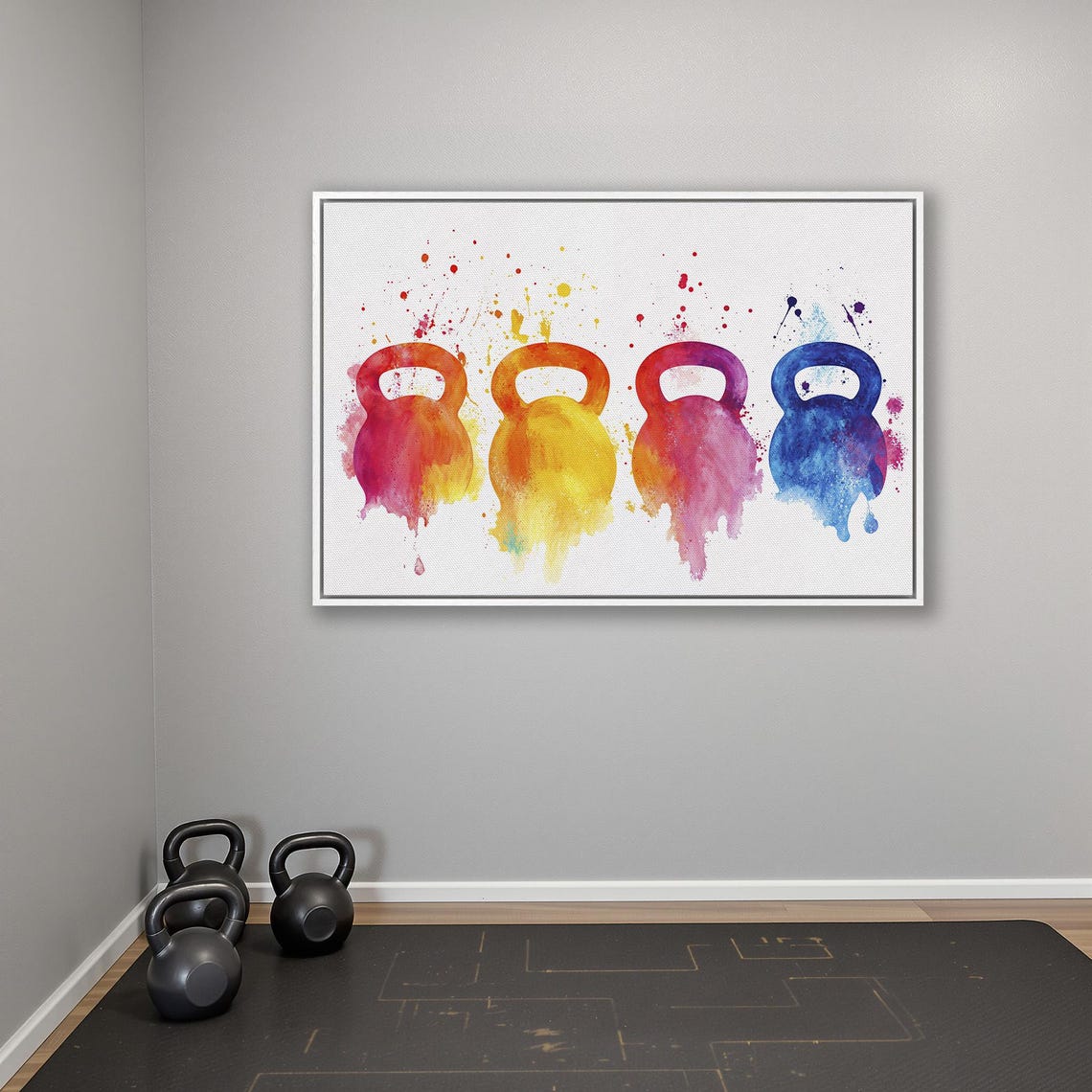 Four Colorful Watercolor Kettlebells With Paint Splashes Gym Poster - Image 4
