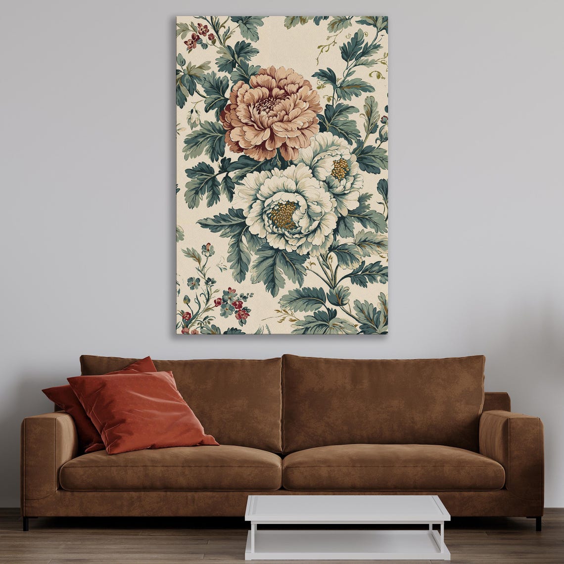 Dusty Rose Peonies With Cream Blooms Morris Style Floral Print - Image 4