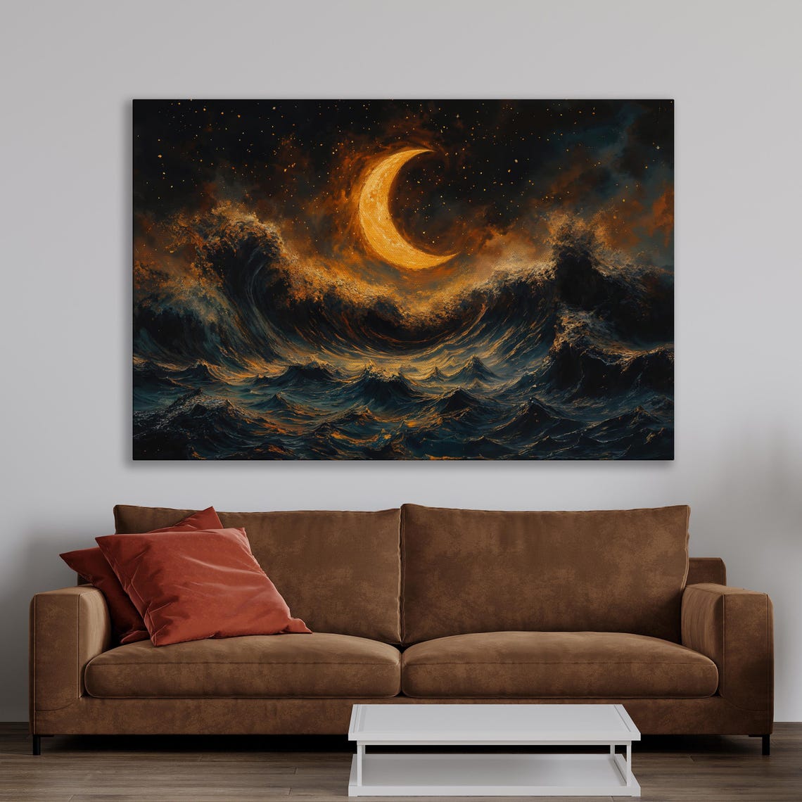 Golden Crescent Moon Over A Stormy Night Sea Abstract Poster - Image 3