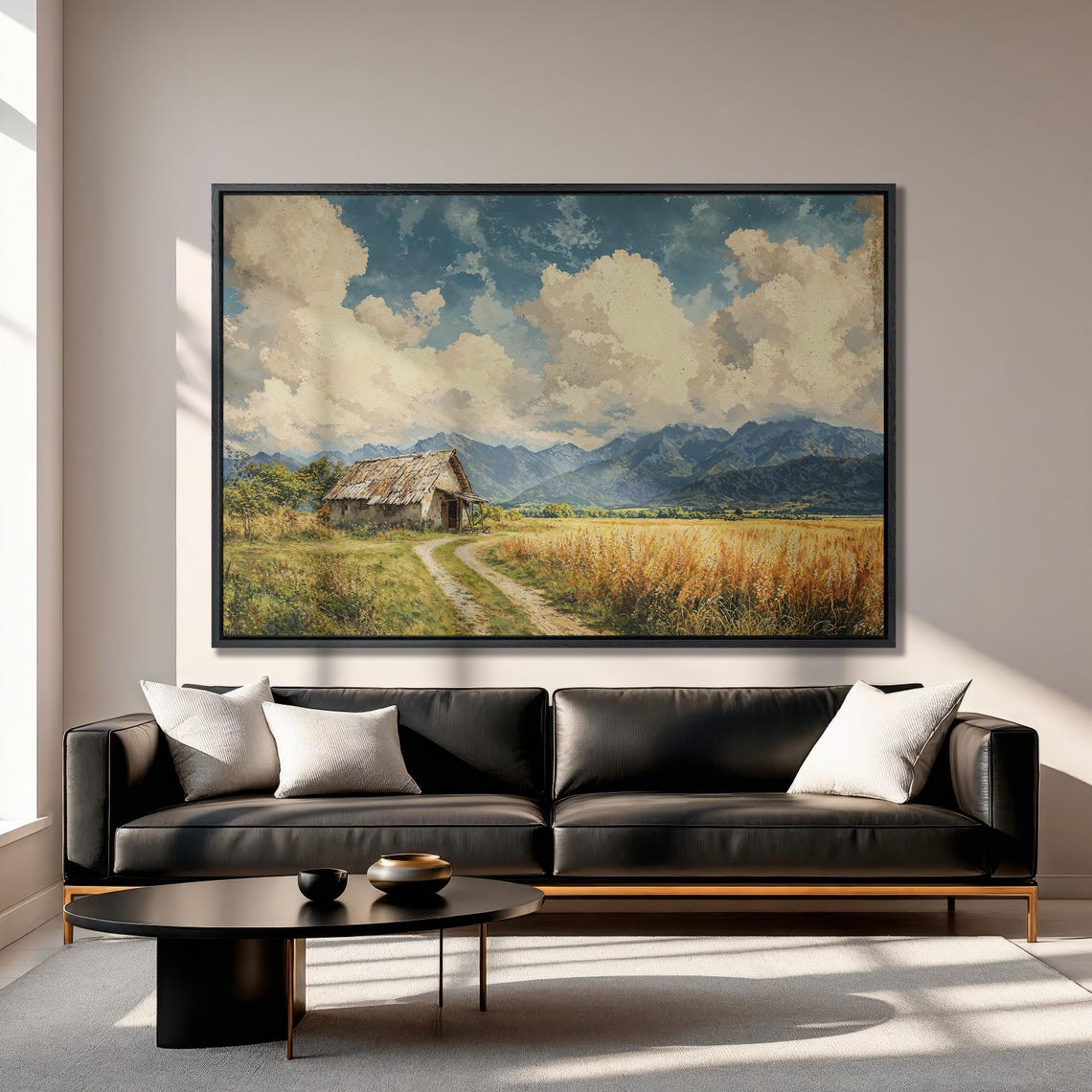 Mountain Landscape Framed Print Rustic Cabin By Road Wall Art Cloudy Blue Sky And Meadow Scene Decor For Home Ready To Hang - Image 3