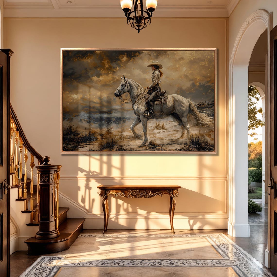 Cowgirl Riding White Horse Through Desert Under Dramatic Sky Poster - Image 3