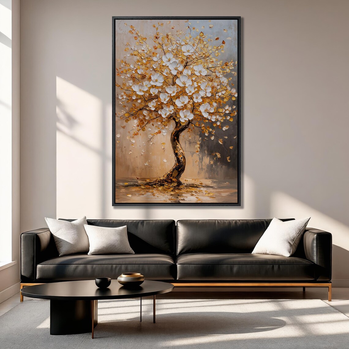 White Blossom Tree With Golden Leaves Nature Painting Wall Art - Image 6