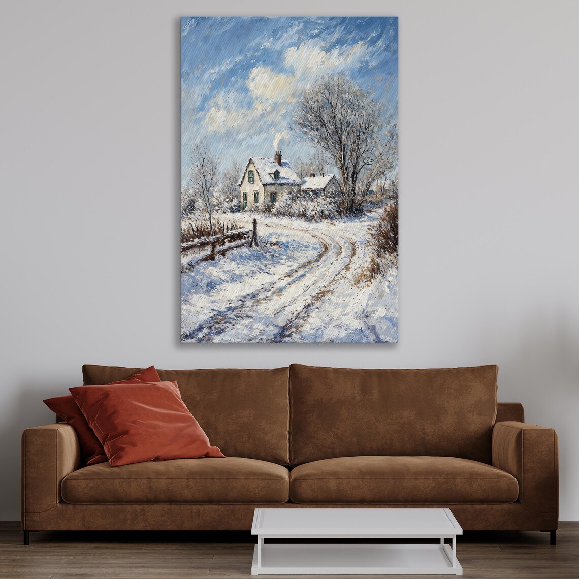Snowy Country Road to White Cottage in Blue Winter Sky Poster - Image 4