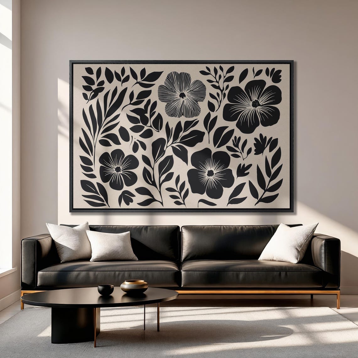 Black And White Botanical Floral Silhouette Pattern On Beige Poster - Image 3