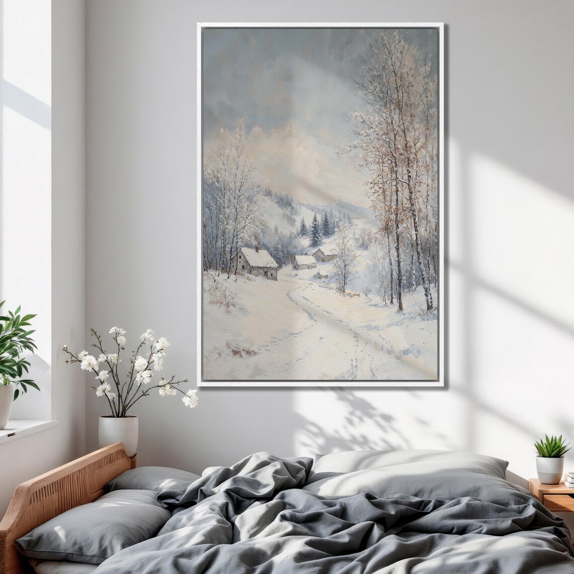 Snowy Country Road Past Wooden Cabins in Winter Woods Poster - Image 2