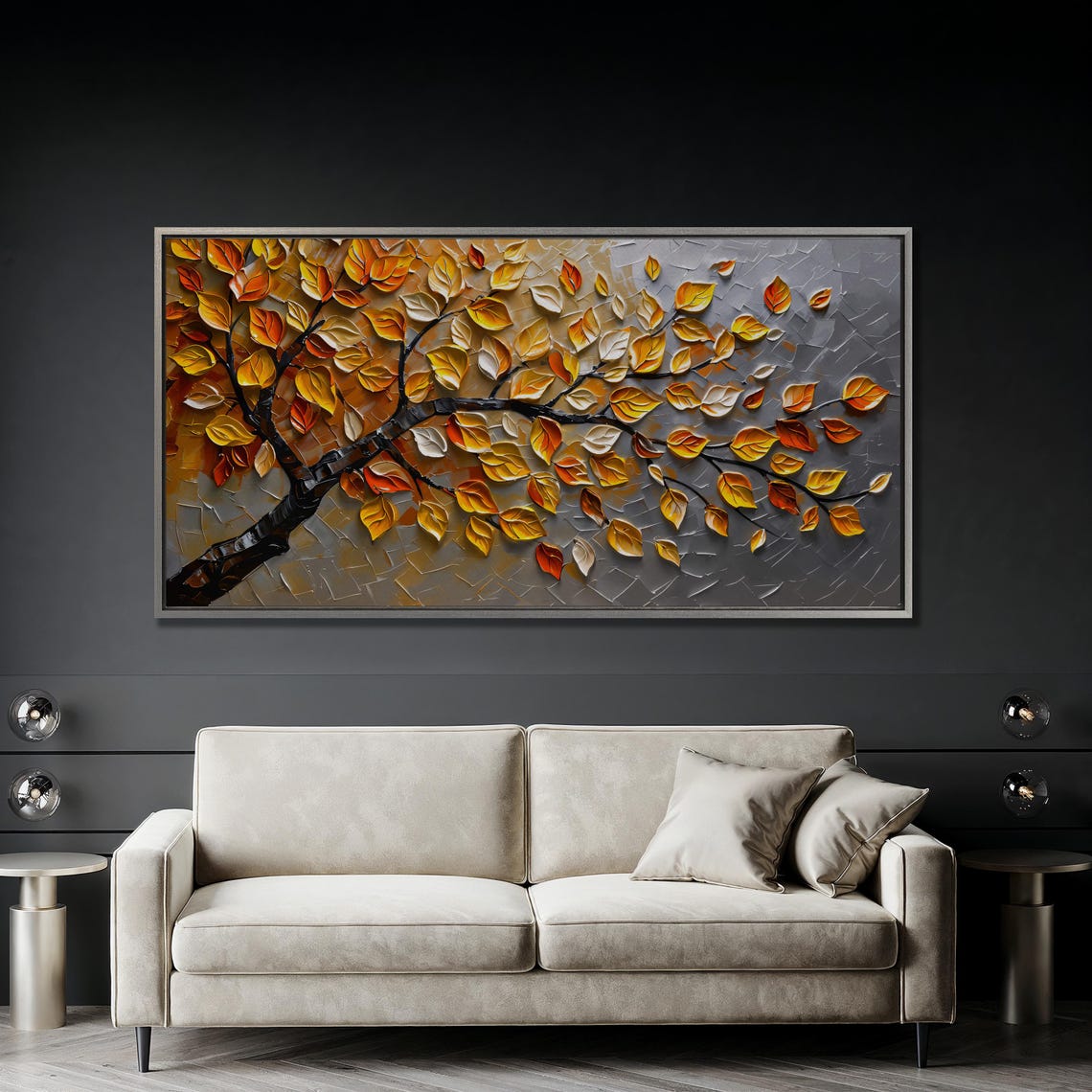 Abstract Autumn Tree Golden Leaves Textured Relief Art Poster - Image 2