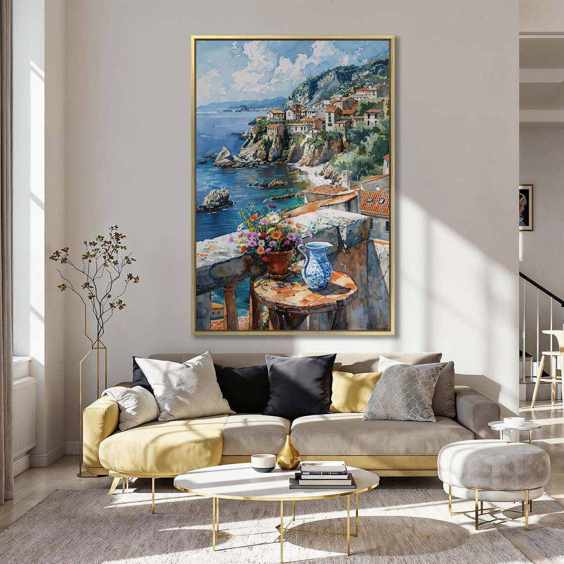 Coastal Village Watercolor Art Print, Mediterranean View - Image 3