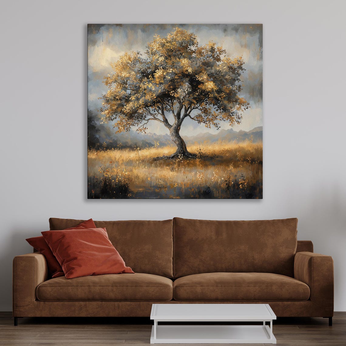 Lone Golden Tree in a Meadow Impressionist Landscape Painting Wall Art - Image 2
