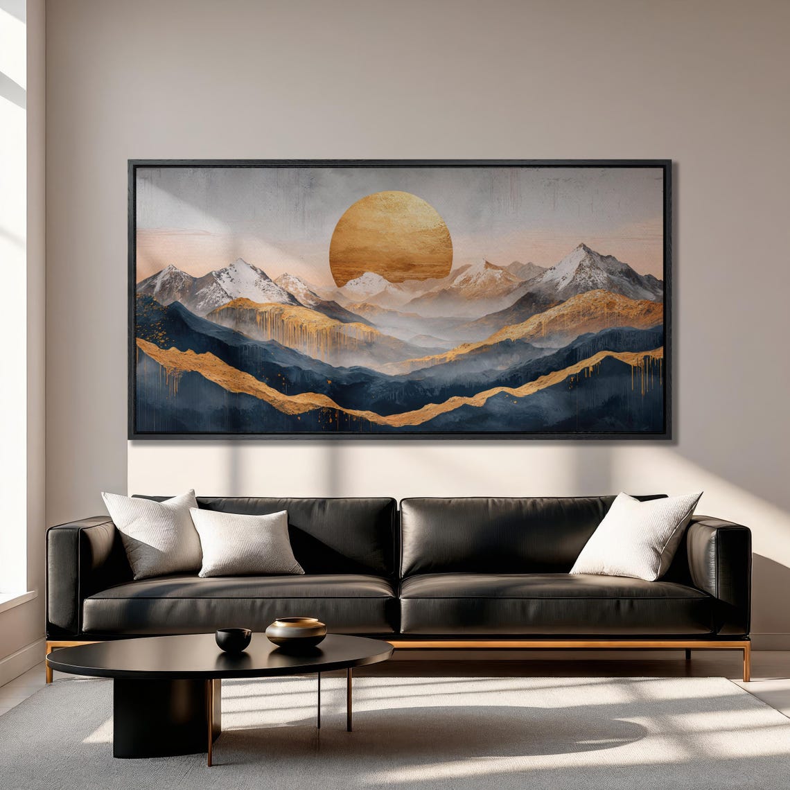 Golden Sun And Mountain Range Wall Art Abstract Landscape Painting Print Living Room Decor Surreal Mountains Poster Ready To Hang - Image 3