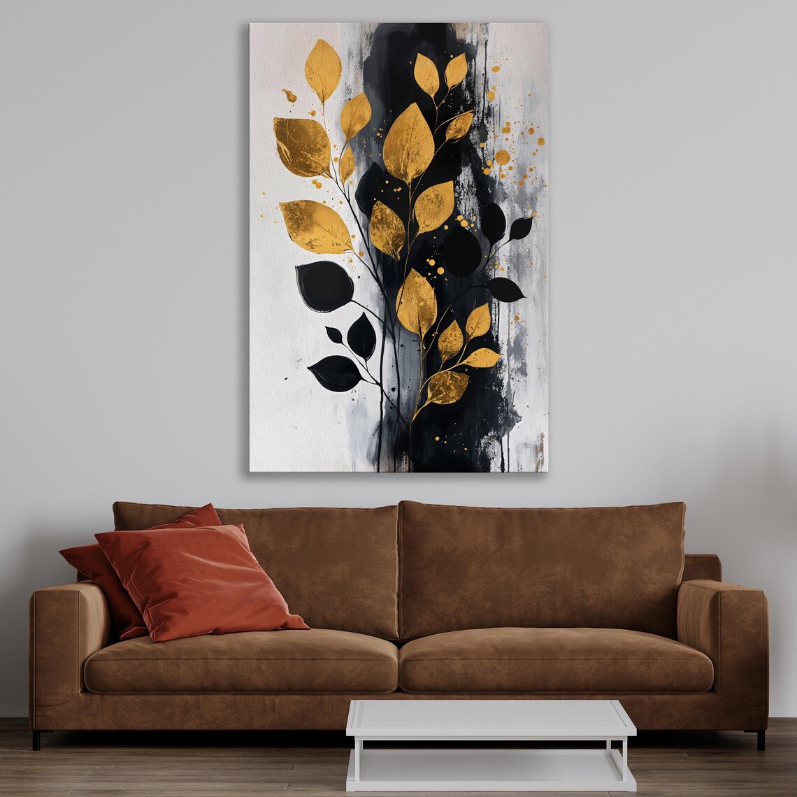Elegant Gold and Black Abstract Leaves Modern Botanical Art Poster - Image 3