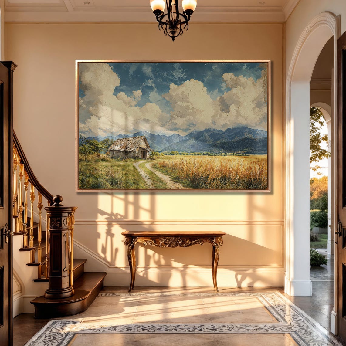 Rustic Cabin Beside a Country Road Beneath Mountain Peaks Poster - Image 5