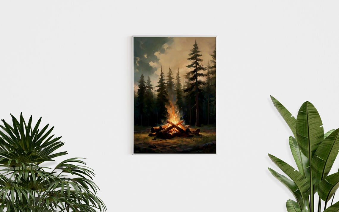 Rustic Campfire Poster Trendy Art Prints Pine Tree Art Vintage Forest Art Retro Wall Art Cabin Wall Decor Campfire Art Prints - Image 3