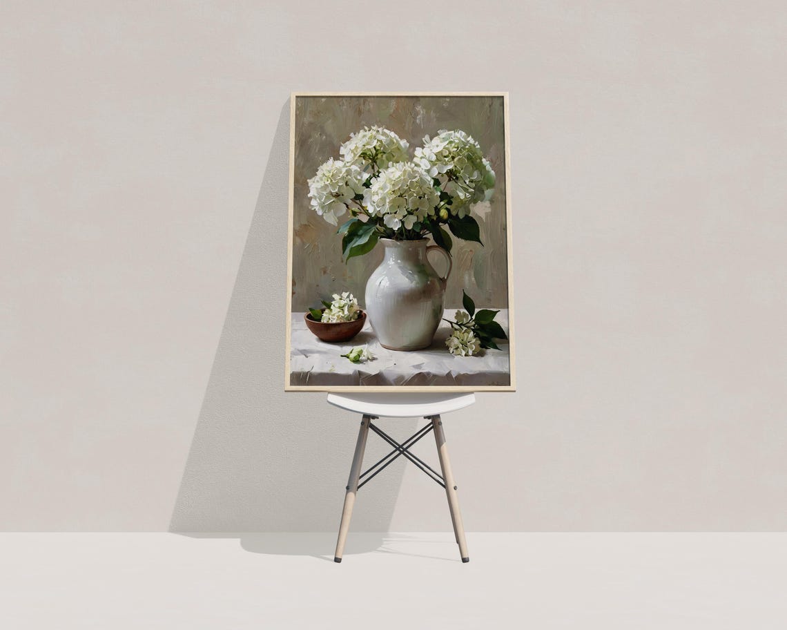 White Hydrangea Bouquet Ceramic Pitcher Oil Painting Floral Poster - Image 3