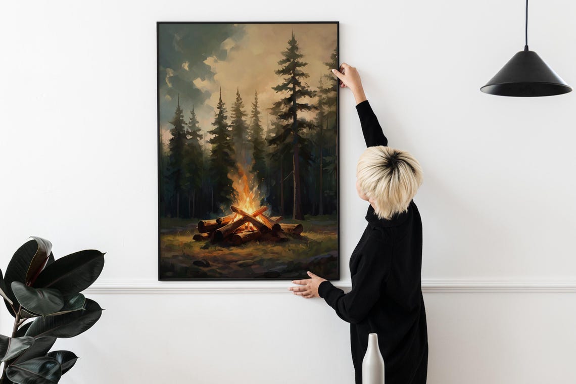 Rustic Campfire Poster Trendy Art Prints Pine Tree Art Vintage Forest Art Retro Wall Art Cabin Wall Decor Campfire Art Prints - Image 2