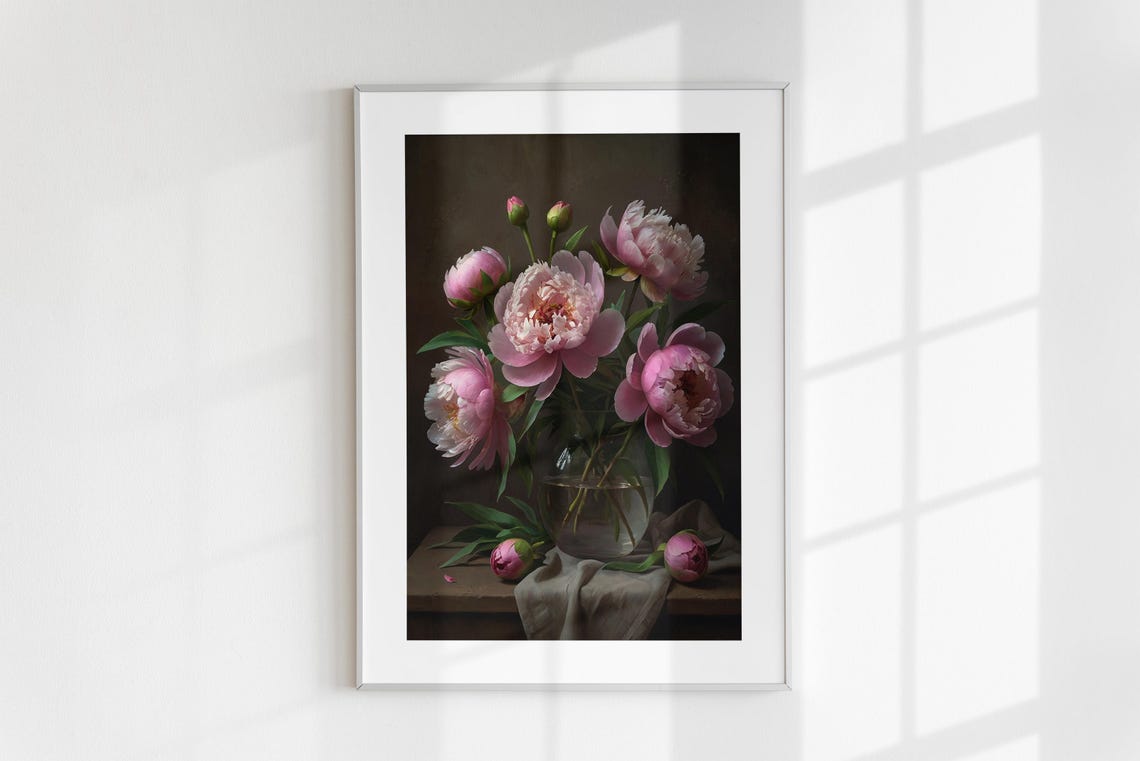 Pink Peonies Glass Vase Oil Painting Dark Background Floral Poster - Image 6