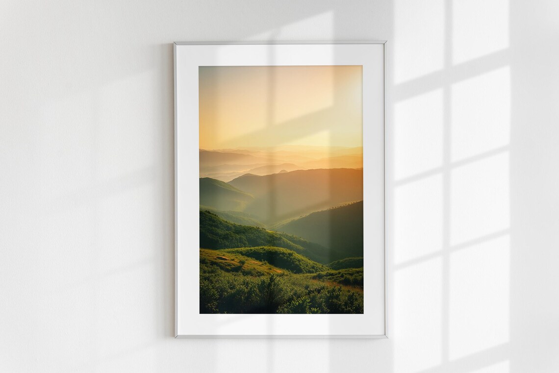 Golden Sunrise Rolling Green Mountain Ridges Layered Hills Poster - Image 6