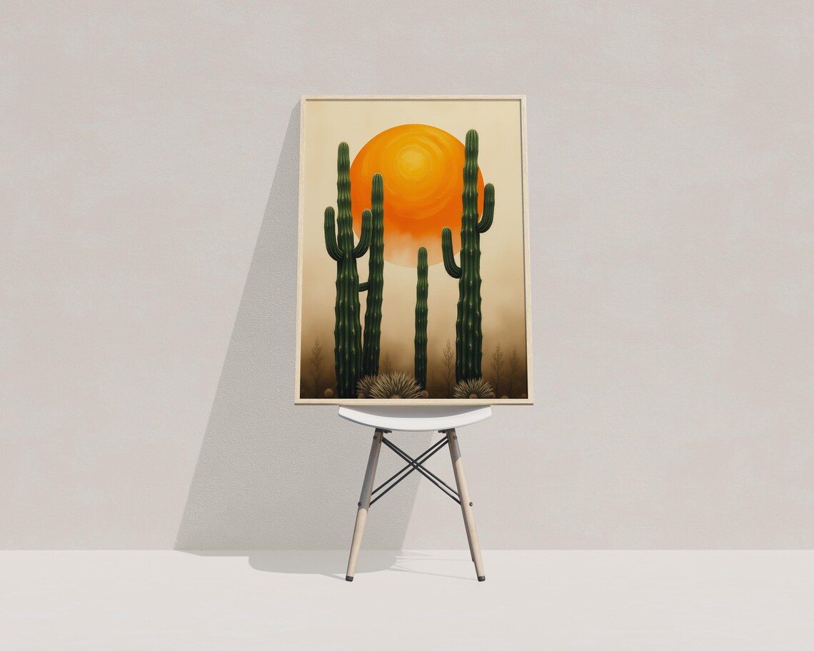 Green Cacti Silhouette Giant Orange Sun Desert Southwest Art Poster - Image 3