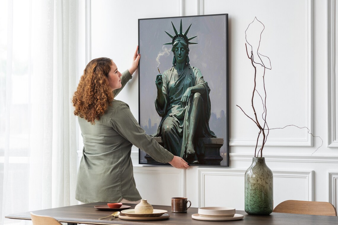Statue of Liberty Smoking Cigarette Funny NYC Parody Painting Wall Art - Image 5