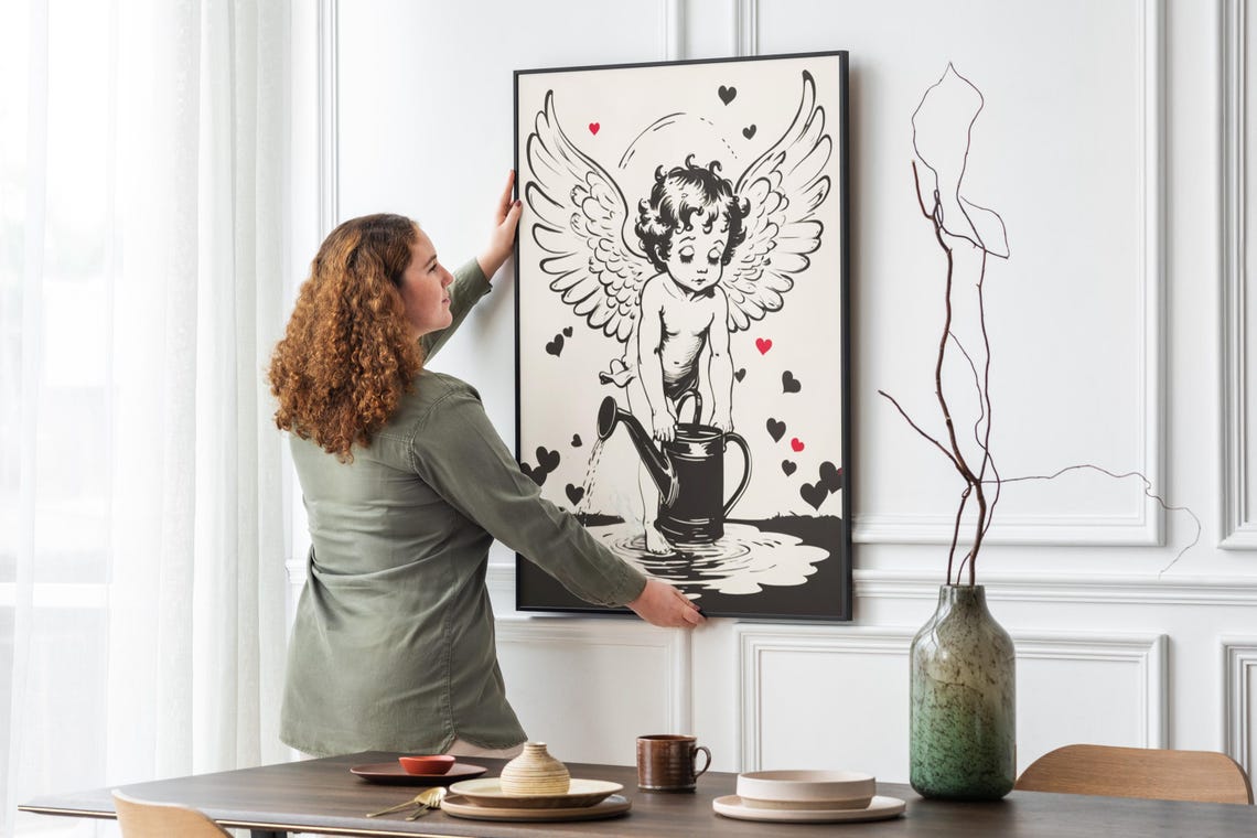 Cupid Cherub Watering Can Hearts Vintage Valentine Line Art Poster - Image 4