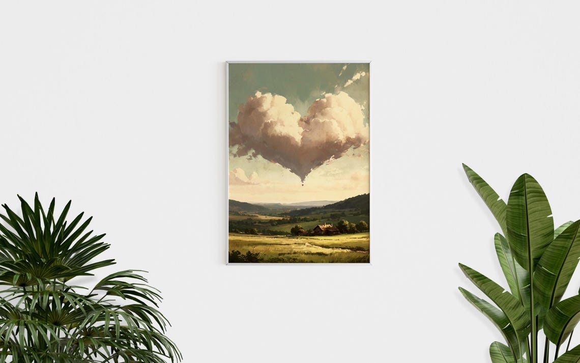 Heart Shaped Cloud Over Rustic Valley Vintage Landscape Art Poster - Image 2