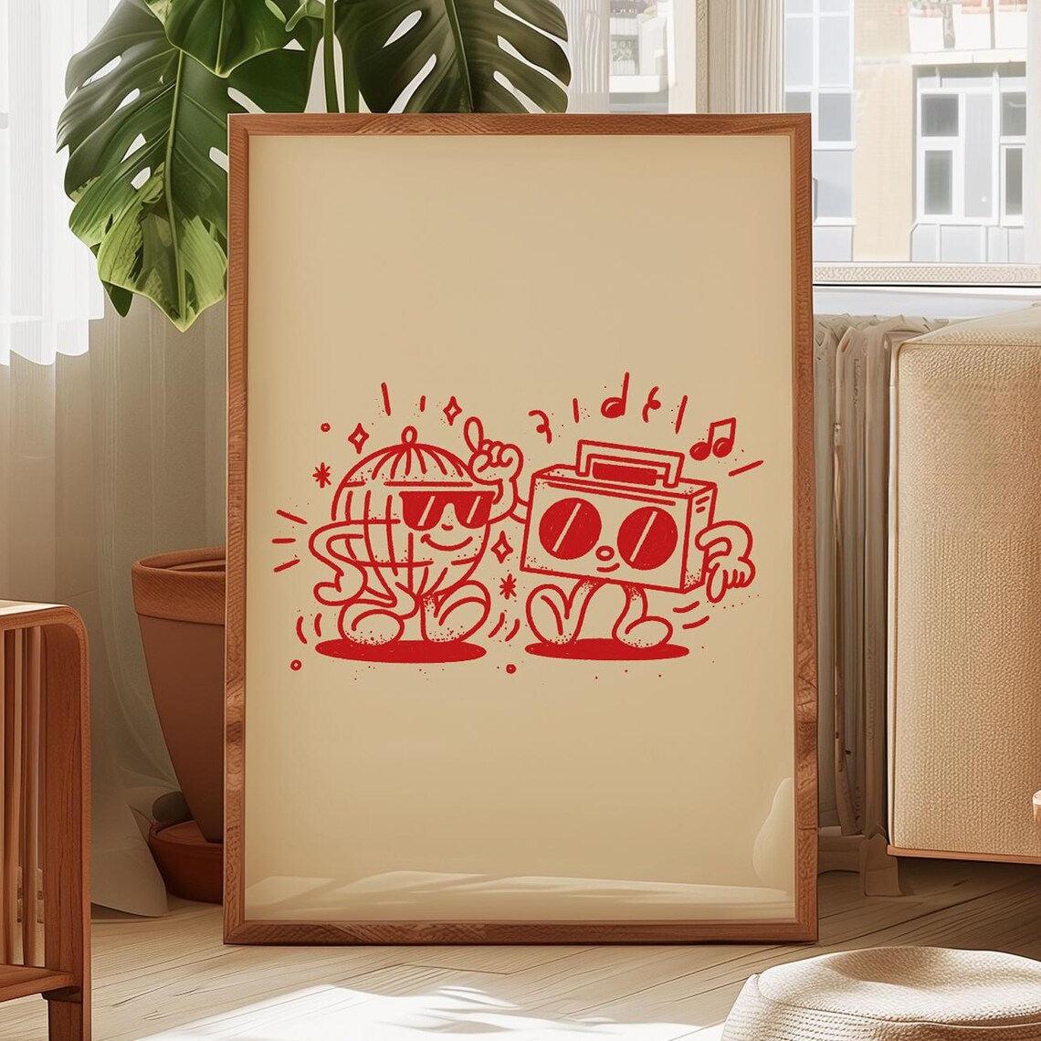 Disco Boombox Dance Party Red Line Art Retro Music Character Poster