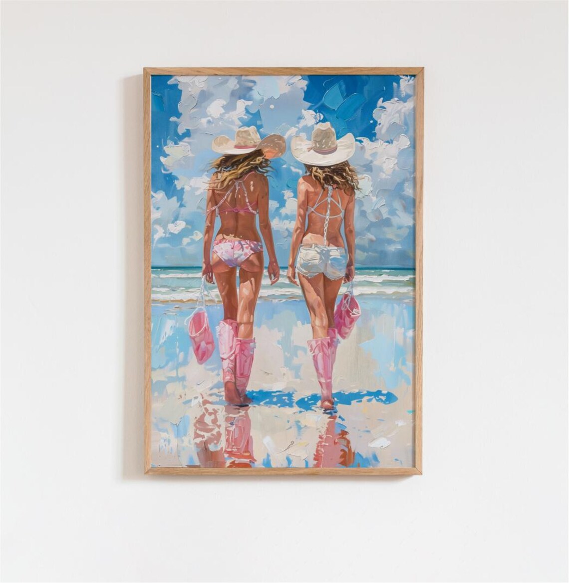 Two Cowgirls In Cowboy Hats And Pink Boots Walking Beach Poster