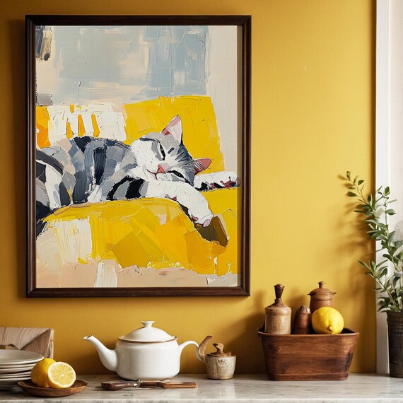 Sleeping Tabby Cat Yellow Sofa Impressionist Oil Painting Wall Art