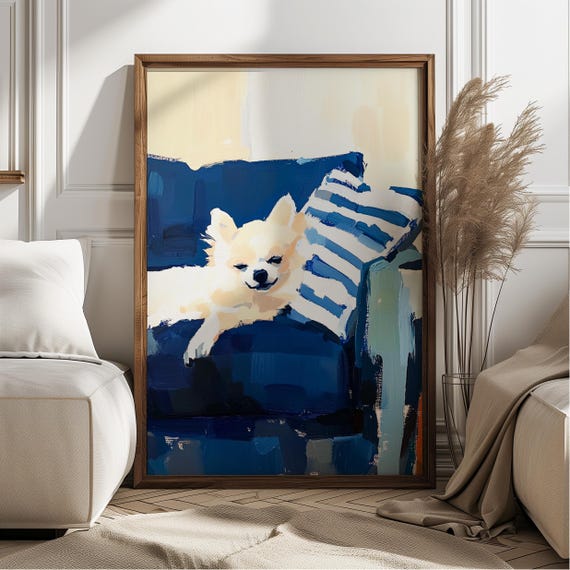 Minimalist Pomeranian Dog Art Print Matisse Style Abstract Pet Portrait Blue Striped Sofa Wall Modern Lover Gift