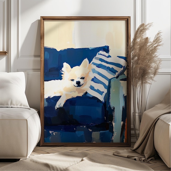 White Pomeranian Blue Striped Sofa Abstract Dog Portrait Wall Art