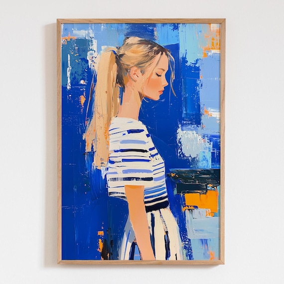 Blonde Woman Blue Background Ponytail Acrylic Portrait Poster