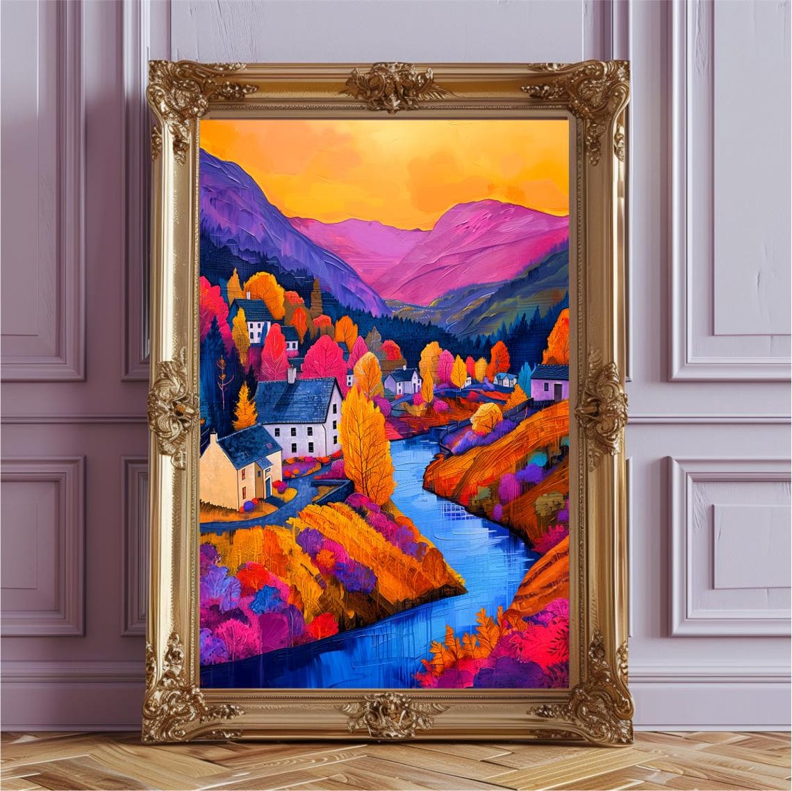 Scotland Highlands Autumn Village River Vibrant Landscape Poster