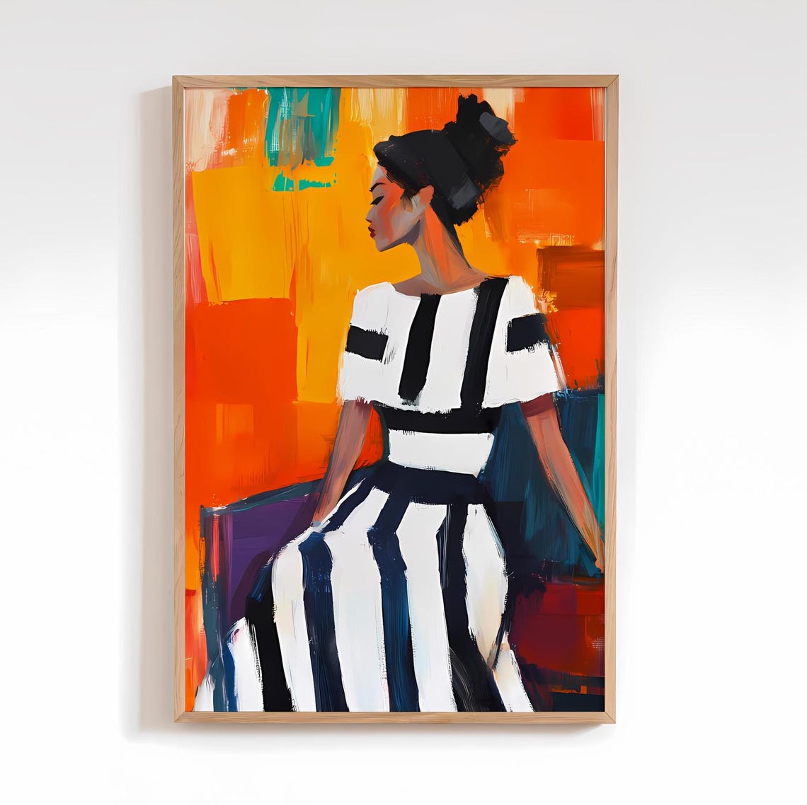 Colorful Abstract Woman In Striped Dress Orange And Teal Poster