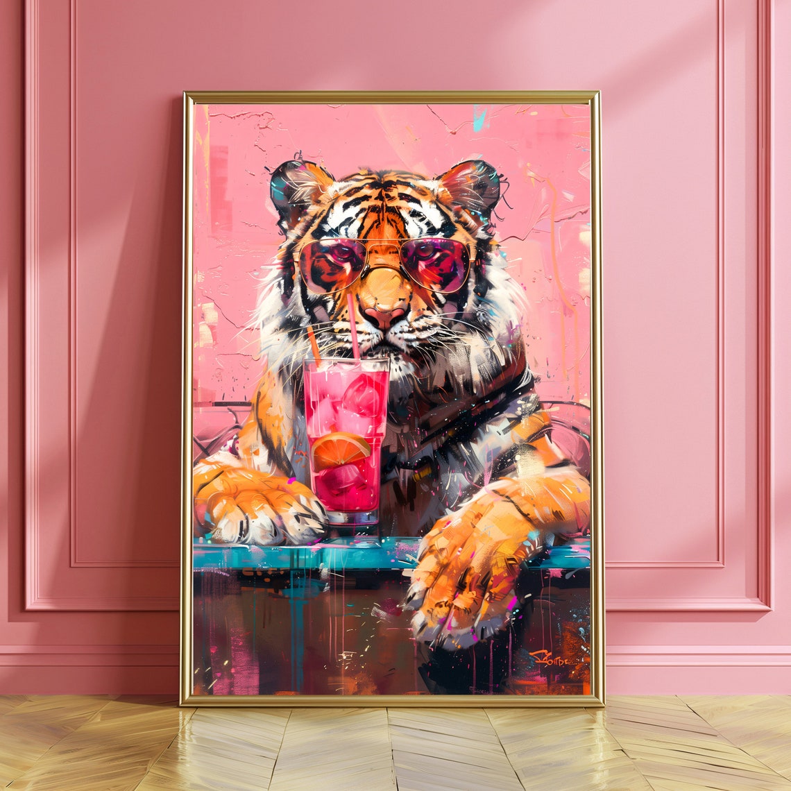 Tiger With Sunglasses Drinking Pink Cocktail at Bar Party Poster