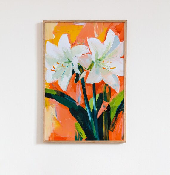 White Lily Abstract Painting Modern Floral Wall Art Orange Green Bold Print Thick Brush Strokes Gift For Lovers