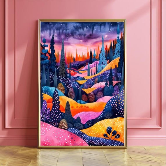 Colorful Purple Lilac Magic Whimsical Forest Landscape Wall Art Print Decor For Maximalist Eclectic Interiors Yayoi Kusama Style Poster