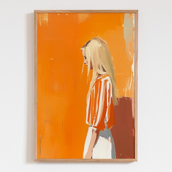 Blonde Woman in Orange Abstract Portrait Acrylic Painting Poster