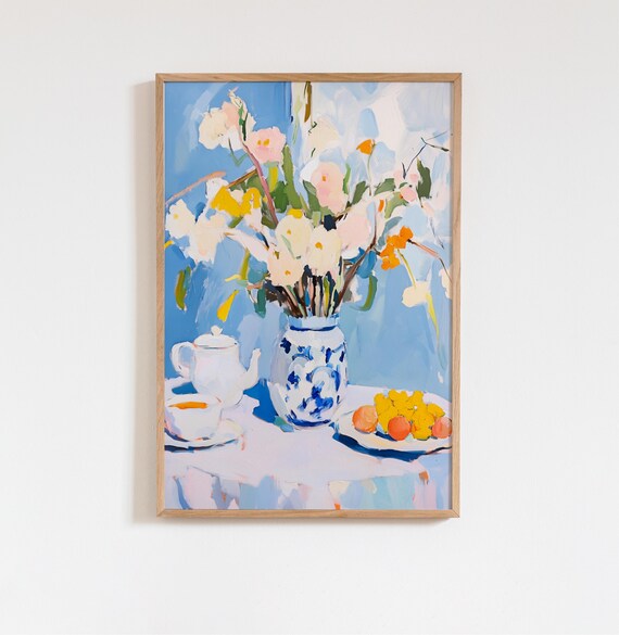 Oil Painting Floral Still Life In Chinese Porcelain Vase Tea Set Fruit Light Blue Canvas Art Bold Brushstrokes