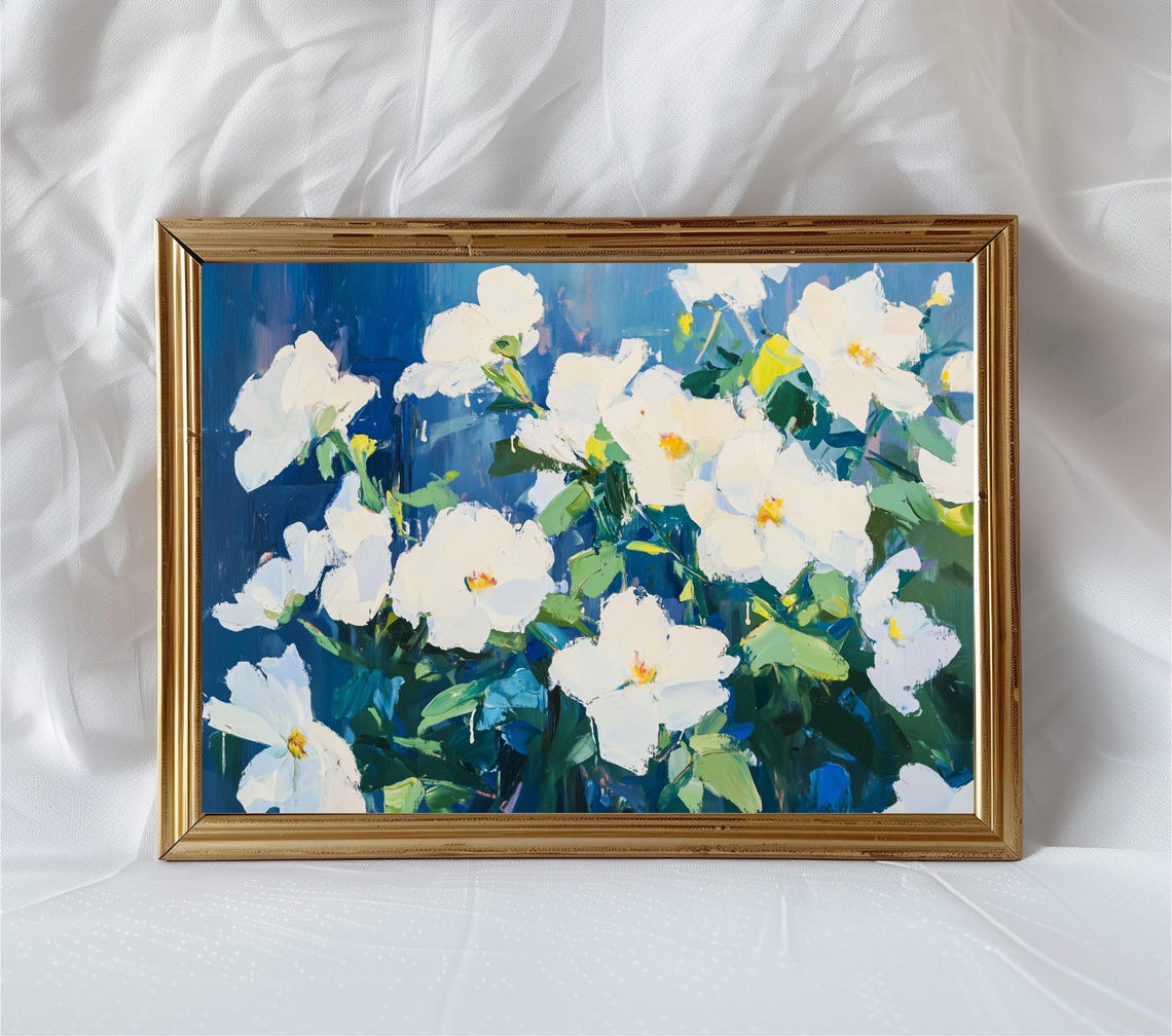 White Wildflowers Blue Background Textured Oil Painting Print