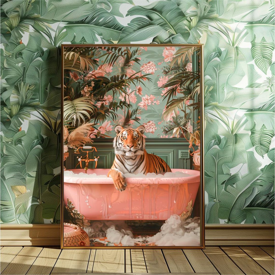 Tiger Relaxing in Pink Bubble Bath Tropical Bathroom Art Poster