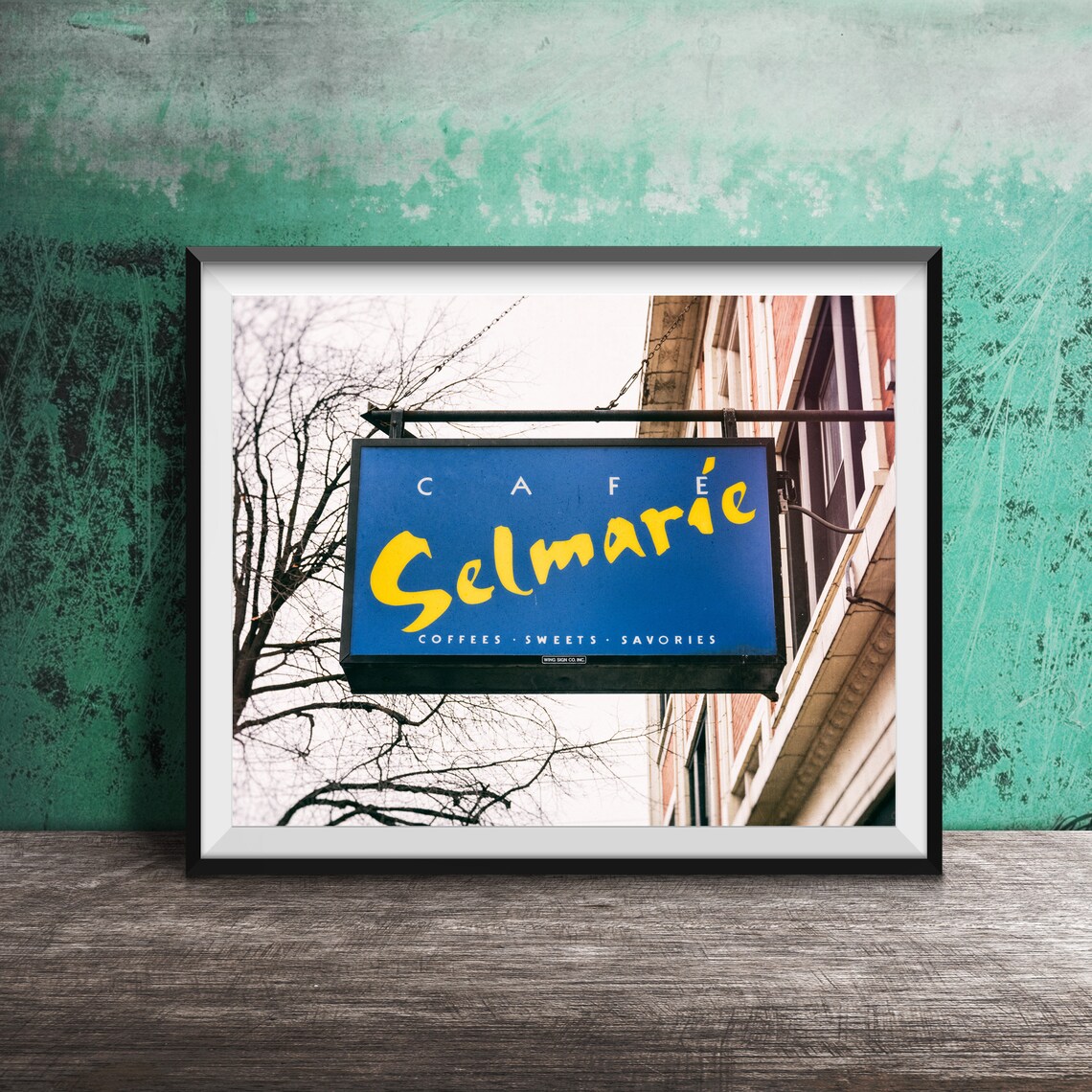 Café Selmarie Coffee Shop Blue Hanging Sign Photography Poster