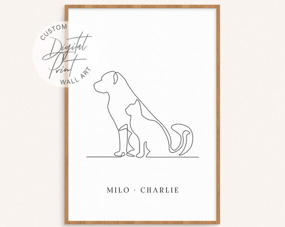 Custom Dog and Cat Line Art Portrait with Two Personalized Pet Names Poster