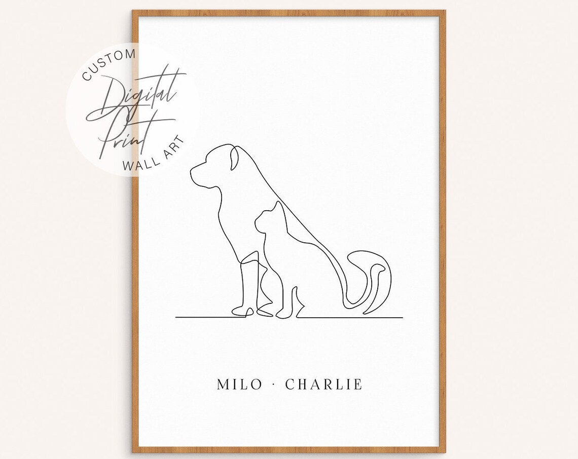 Custom Dog and Cat Line Art Portrait with Two Personalized Pet Names Poster