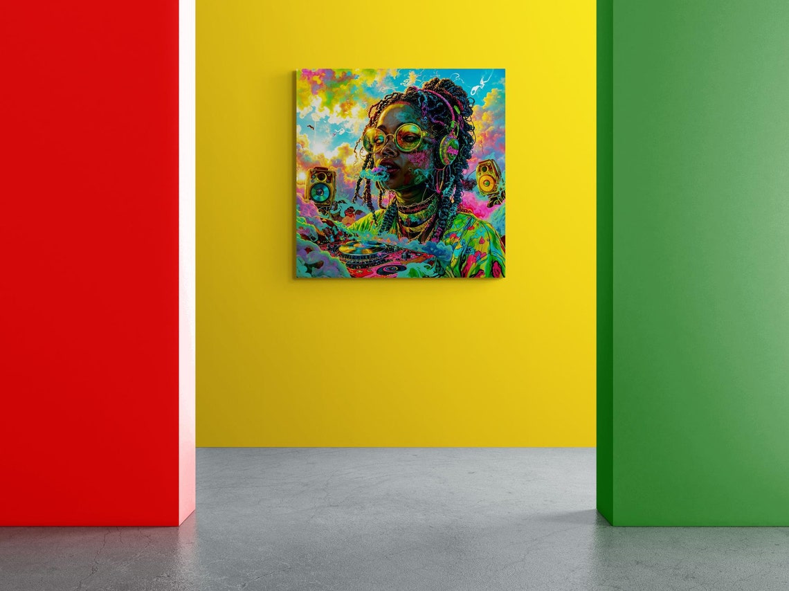 Dj Ini Reggae Dj In The Clouds Surrealism Image Music Lover Decor Colorful Abstract Wall Hanging Home Artwork Reggae Art