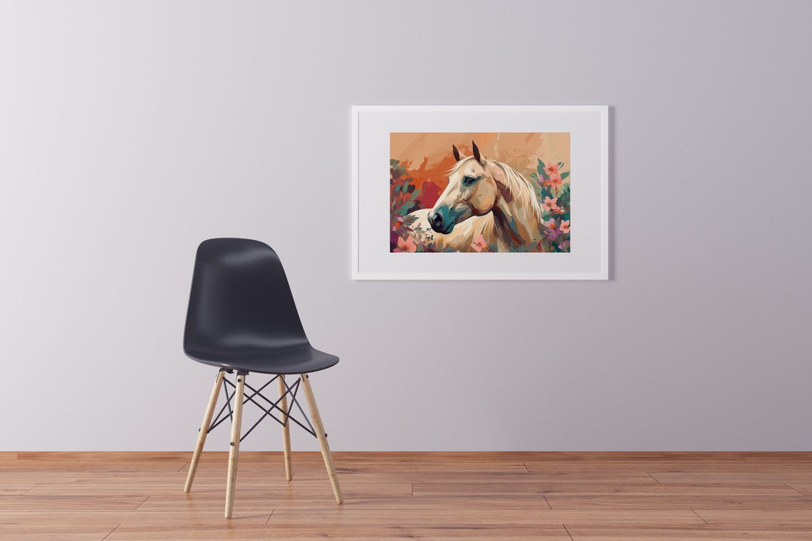 Cream Horse Among Pink Flowers Botanical Equestrian Art Poster - Image 2