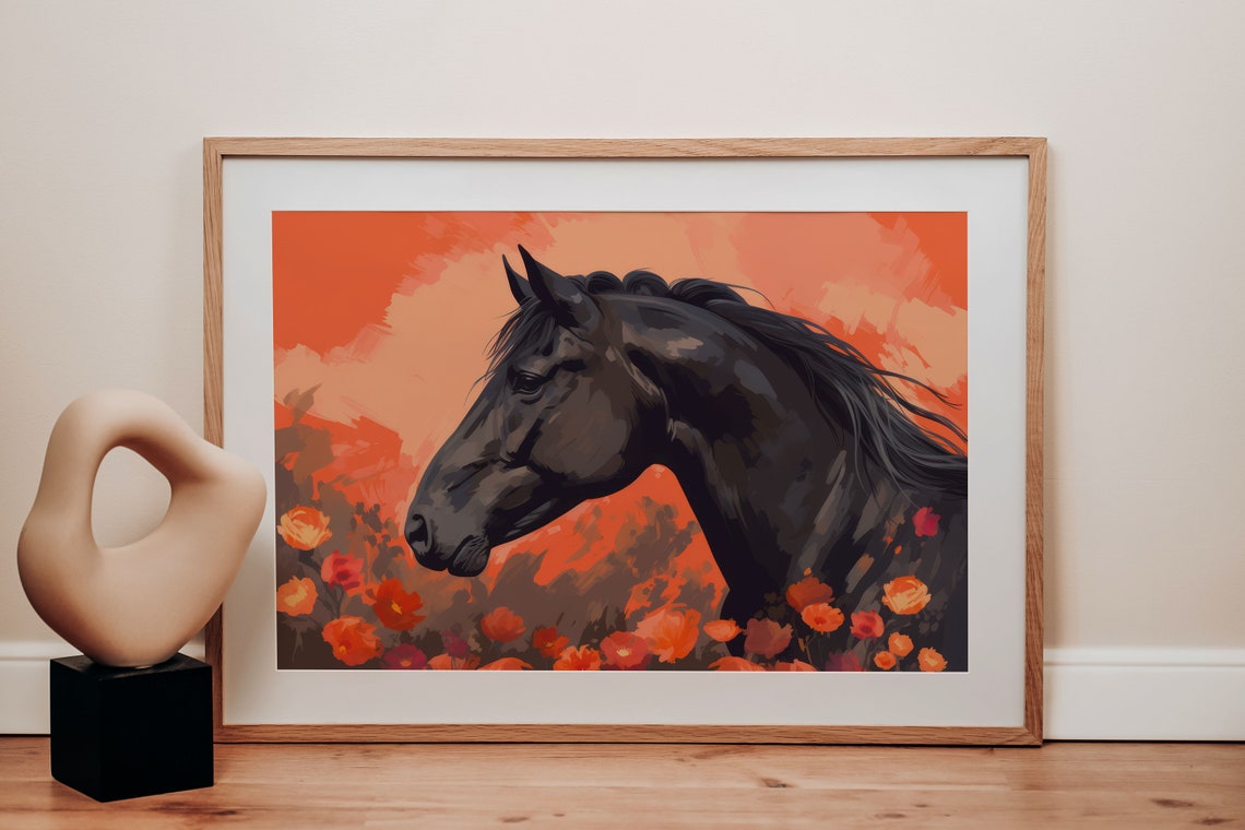 Black Stallion Sunset Portrait Poppies Wild Equestrian Poster