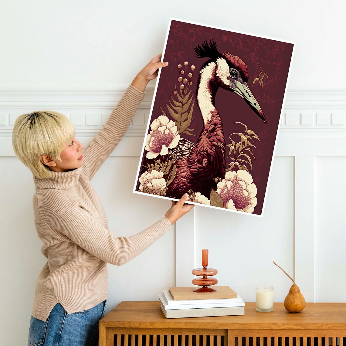 Japanese Crane Poster Oriental Red Crowned Bird With Peony Flowers - Image 2